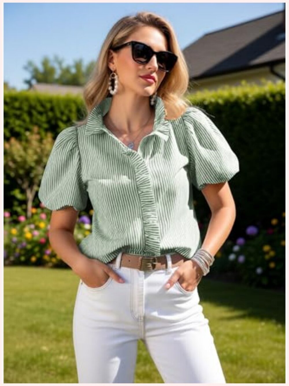 Puffy Sleeve Button Down Blouse Ruffle Shirt Work Top - Picture 4 of 7